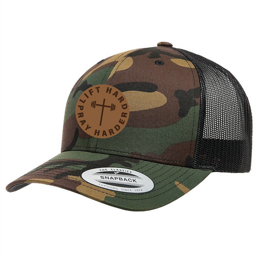 Lift hard pray harder -Leather Patch Hat - Camo/Black