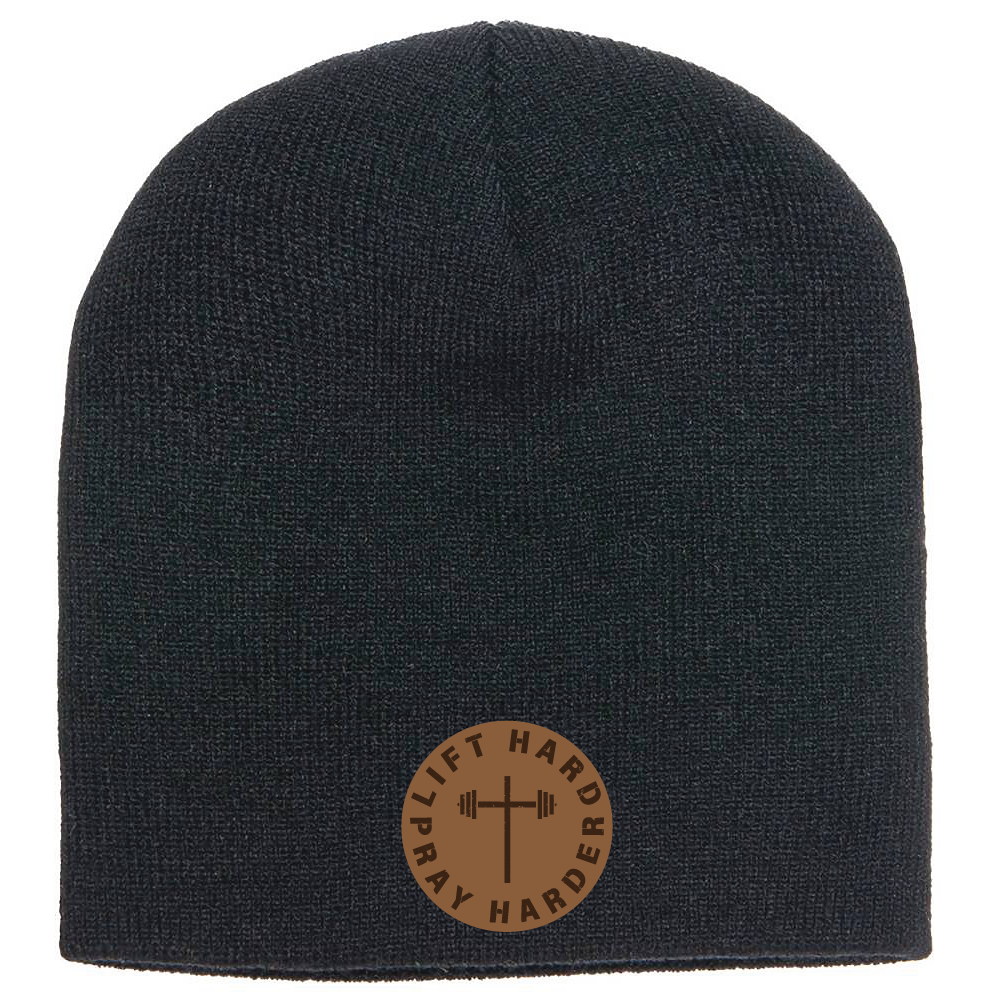 Lift hard pray harder -Leather Patch Stocking Cap