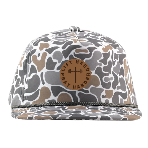 Lift hard pray harder -Leather Patch Hat - Smokeshow Camo / Grey Rope
