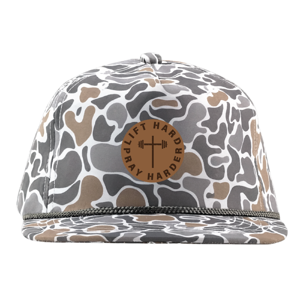 Lift hard pray harder -Leather Patch Hat - Smokeshow Camo / Grey Rope